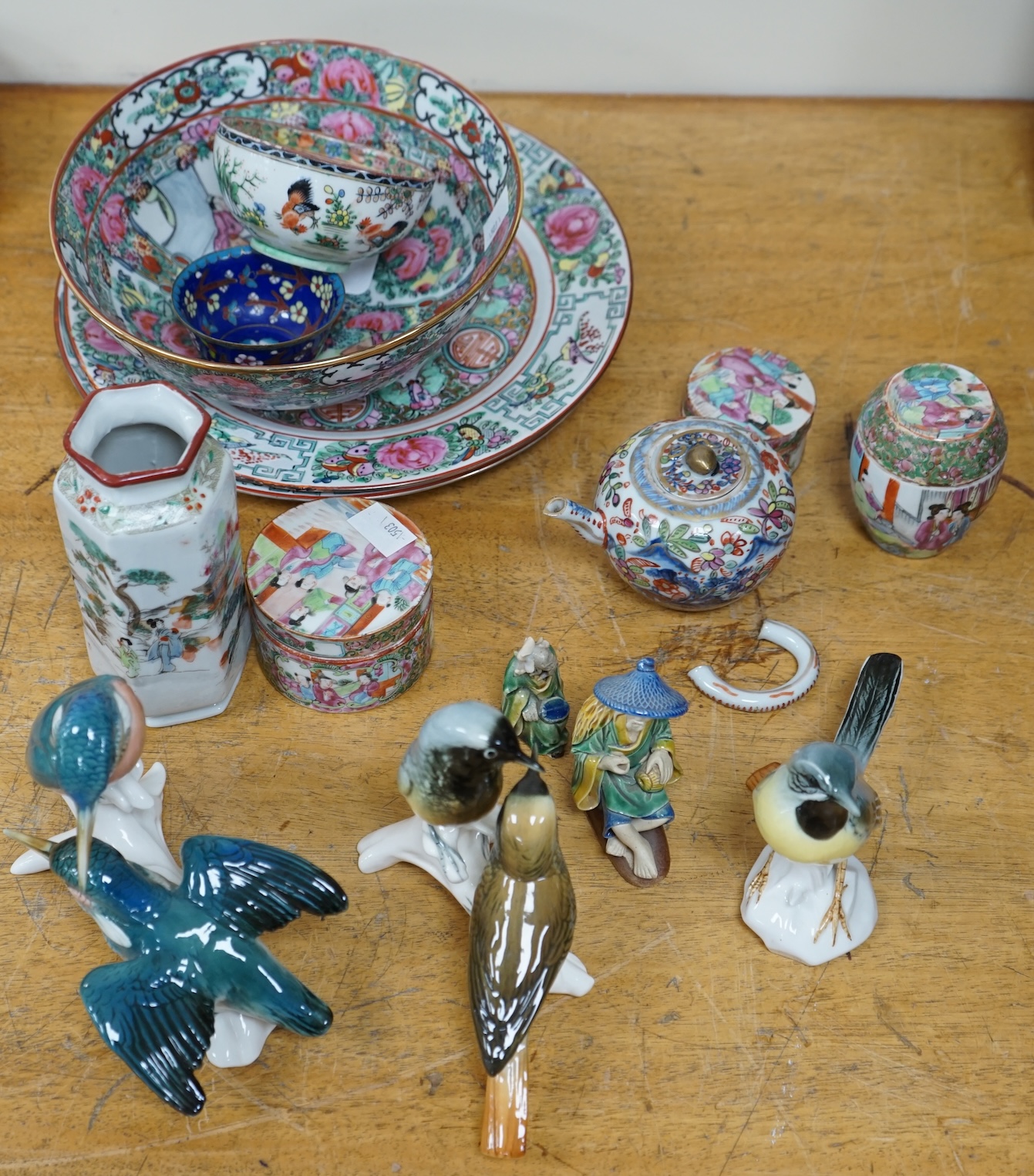 A group of various Chinese ceramics and three European bird groups. Condition - varies